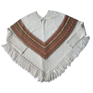 Multiples Cream and‎ Brown Fringed Poncho